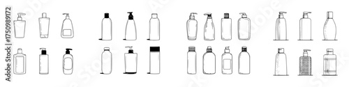 Outline icons of various cosmetic and toiletry packaging containers