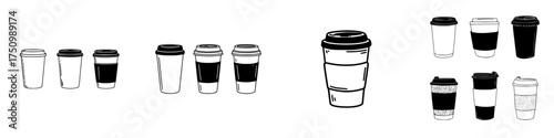 Outline icons of disposable coffee cups with lids and protective sleeves