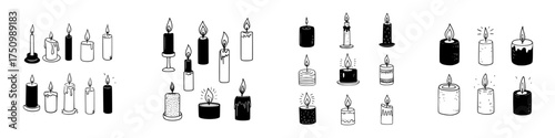 Various burning candles in black and white doodle style with lit flames