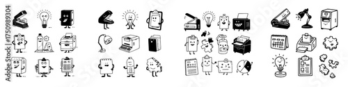 Collection of cute cartoon office supplies and stationery icons with expressive faces