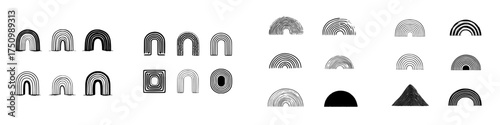 Abstract hand drawn rainbow and geometric shape icons in black and white