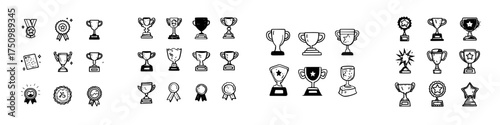 Hand drawn award icons featuring trophies and medals for success