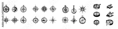 Vintage compass and wind rose icons in detailed engraved style