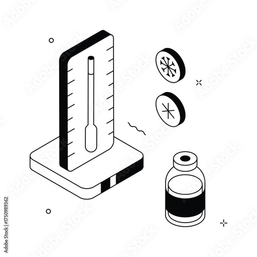 Thermometer and vaccine bottle representing temperature control and immunization, isometric illustration