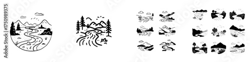 Stylized black and white icons of landscapes with rivers and mountains