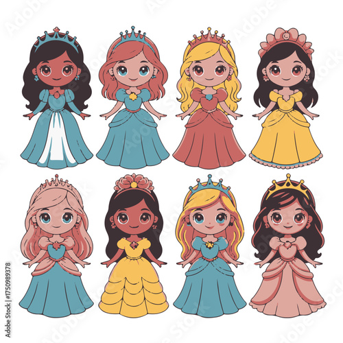 A beautiful collection of diverse cartoon princesses in elegant gowns and crowns, perfect for children's fairy tale designs and illustrations