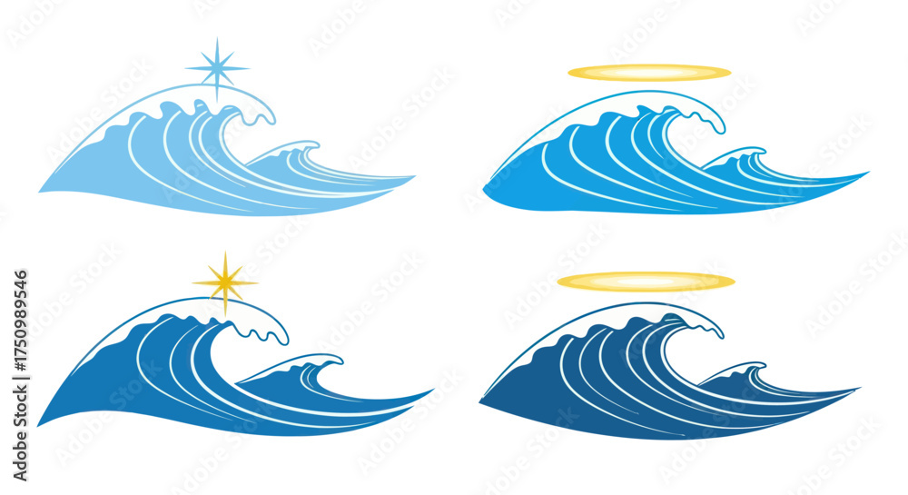 Fototapeta premium Stylized Ocean Waves with Star and Halo Vector Illustration Set.