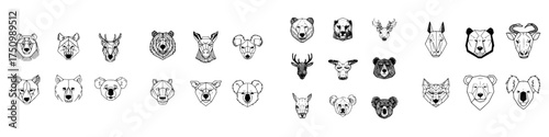 Geometric and sketched wild animal heads icons collection