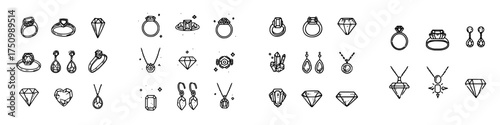 Hand-drawn jewelry icons set with rings earrings and various pendants
