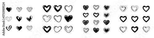 Set of hand drawn doodle heart icons in various artistic styles