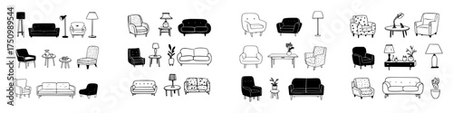 Hand drawn icons of living room furniture and interior decor elements