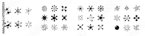 Hand drawn collection of molecule and atomic structure icons in sketch style