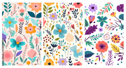 Colorful floral pattern with hand-drawn flowers and leaves. Modern botanical seamless design for fabric, wallpaper, stationery, and spring-themed backgrounds