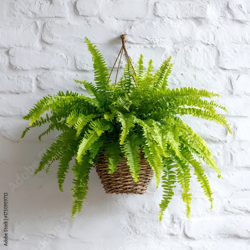A vibrant Boston fern cascading from a hanging basket against a textured wall