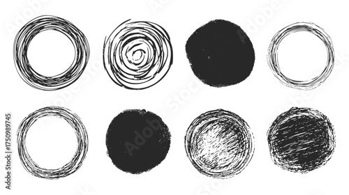 Hand-drawn brush set collection red and black circles with sketchy lines on white background.