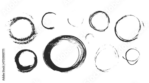 Hand-drawn brush set collection red and black circles with sketchy lines on white background.