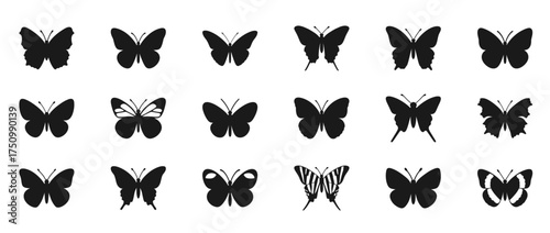 Silhouette butterfly icon set on transparent background with various wing shapes and styles for design and decoration