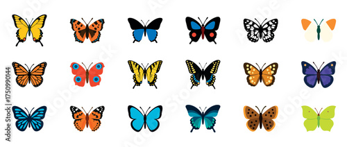 Flat colorful butterfly icon set with various wing shapes and patterns in orange, blue, yellow, and brown tones