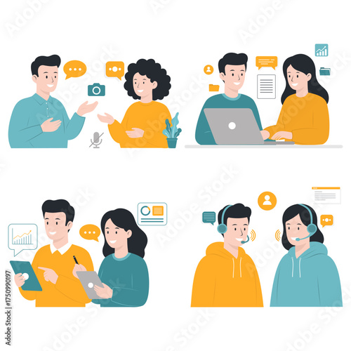 Vector Flat Team Communication Characters – Modern Remote Work Concept.