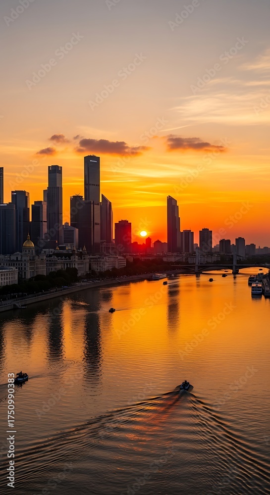 Fototapeta premium Melbournes Skyline at Sunset - A Golden Reflection on the Yarra River.