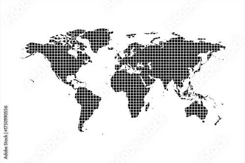 Black and white pixelated world map with continents outlined in squares vector