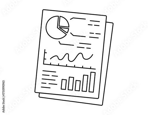 Hand drawn cute outline illustration of business analysis. Flat vector document with financial report and charts sticker line art doodle. Successful growth. Company statistics file icon. Isolated.