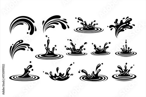 Black ink splashes and drops with concentric circles on white background water splash liquid