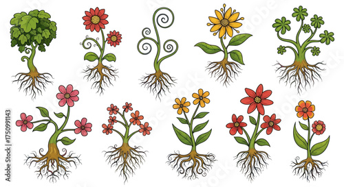 Φωτογραφία Collection of Whimsical Flowers with Roots Fantasy Flora.