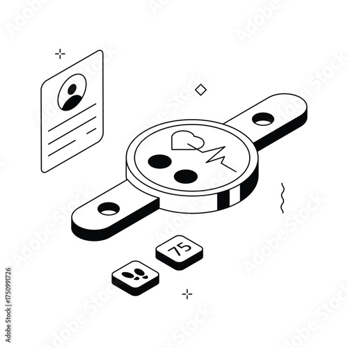 Isometric illustration of a digital health tracker analyzing biometric data and heart rate.