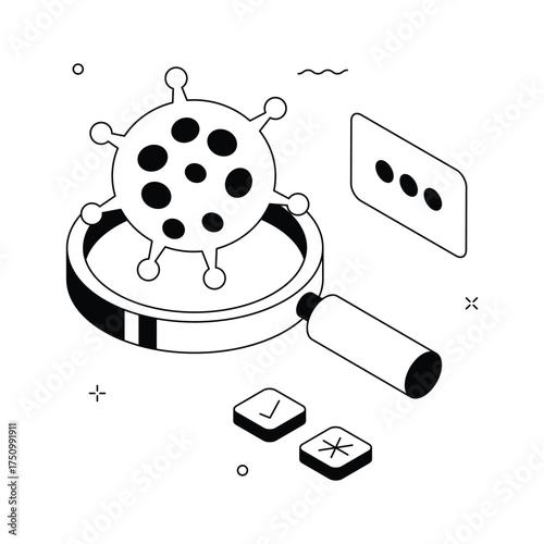 Isometric virus magnifier showing disease detection and healthcare research illustration