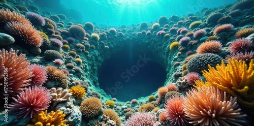 Submarine Fresh Water Hydrothermal Vent Oasis A thriving underwater ecosystem surrounding a submarine freshwater vent, diverse marine life, colorful coral, and plants, deep ocean setting