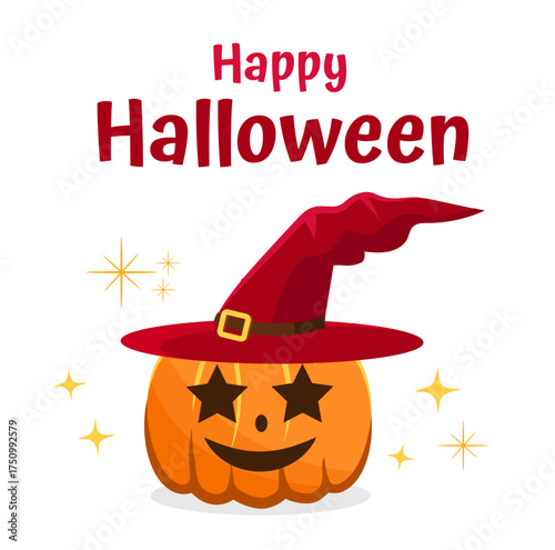 Happy Halloween. Pumpkin with face in witch's hat on white background