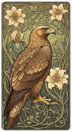 Golden Eagle Amidst Floral Art Nouveau - A Symbol of Vision and Freedom.