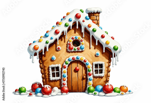 Whimsical Gingerbread House Decorated with Colorful Gumdrops and Dripping White Icing in a Festive, Winter Wonderland Scene
