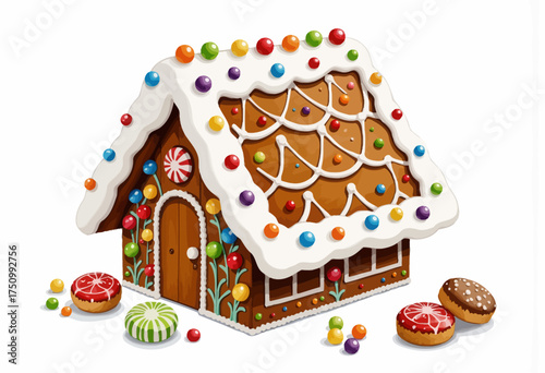 Intricately Decorated Gingerbread House with Colorful Candy Accents and Icing Details Surrounded by Festive Cookies and Sweets on a White Background