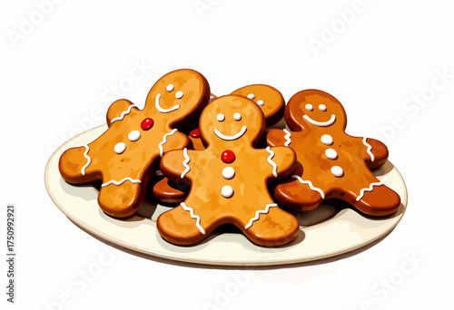 A Delightful Array of Smiling Gingerbread Cookies Decorated with Icing and Candies, Perfectly Arranged on a White Plate, Creating a Festive and Cheerful Atmosphere