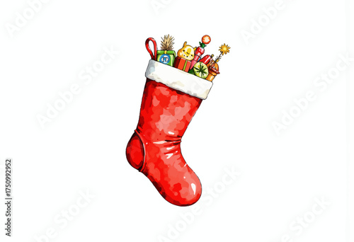 Festive Red Christmas Stocking Filled with Assorted Holiday Gifts, Toys, and Treats, Embodying the Joy and Warmth of Holiday Traditions