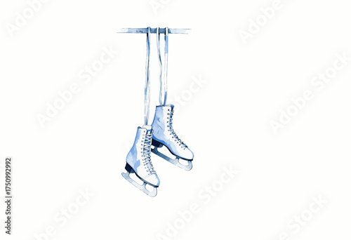 Elegantly Illustrated Ice Skates Suspended Against Minimalistic White Background Highlighting the Finesse and Balance of Figure Skating Lifestyles
