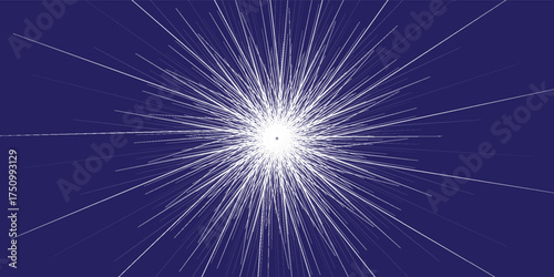 White radial lines on blue as manga speed vector bg. Comic book explosion effect. Anime explosion background. Fast motion in perspective. Radial explosion. Center focus.