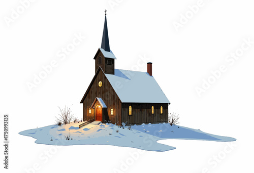 A serene winter landscape featuring a charming wooden church with illuminated windows, nestled amidst a blanket of snow and surrounded by soft, ambient lighting