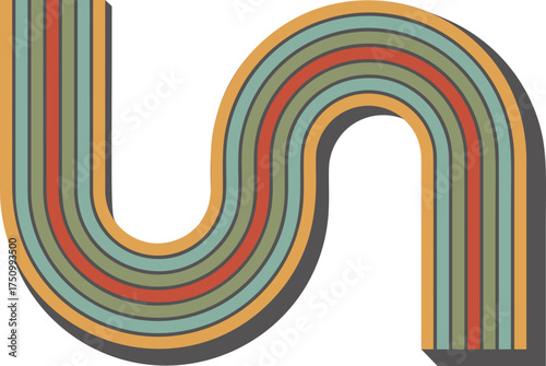 Abstract rainbow shape. Retro 70s graphic for poster with wavy stripe. Creative simple curved element.