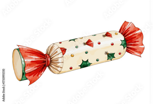 Beautifully illustrated festive cracker adorned with vibrant red and green details featuring holly leaves and berries, ideal for seasonal celebrations