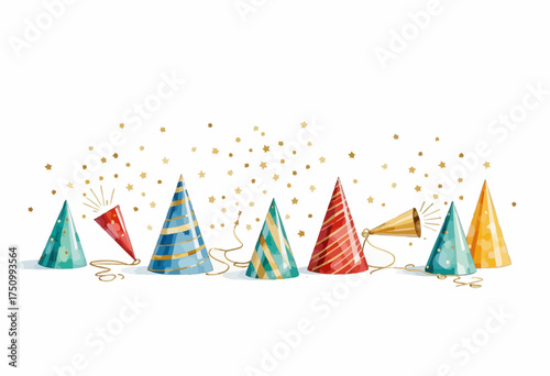 Colorful assortment of festive party hats adorned with golden stars and streamers on a bright white background, creating a vibrant and celebratory atmosphere.