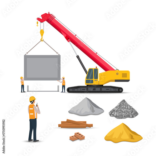 Construction site with workers at work, a crane lifting a cement slab, and construction materials such as bricks, stones, sand, and cement on a white background. Vector illustration EPS 10.