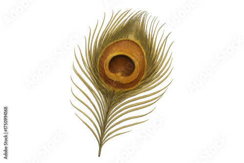 Peacock feather with shimmering eye-spot pattern, showcasing delicate natural beauty and distinctive texture, transparent background