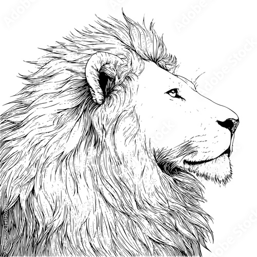 Lion drawing illustration of a majestic african animal with detailed mane and powerful features in black and white