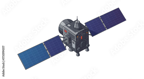 Cartoon Satellite with Solar Panels and Antenna.