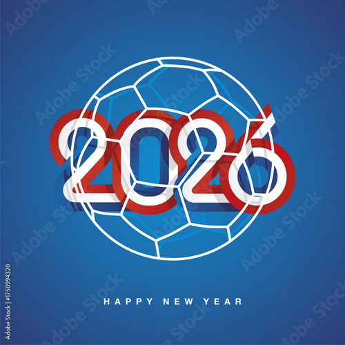 Compact red white blue numbers for New Year 2026 inside a transparent soccer ball on a blue background. Abstract Croatia flag with ribbon in the shape of 2026