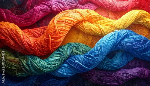 A close-up, vibrant image features waves of colorful yarn strands creating a textured, intertwined design
