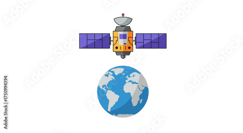Cartoon Satellite Orbiting Earth Solar Panels and Antenna.